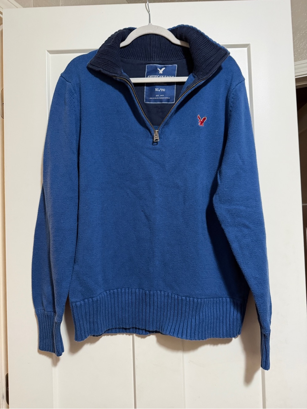 American Eagle Outfitters Men’s Royal Blue Zip-Neck Sweater with Navy Collar